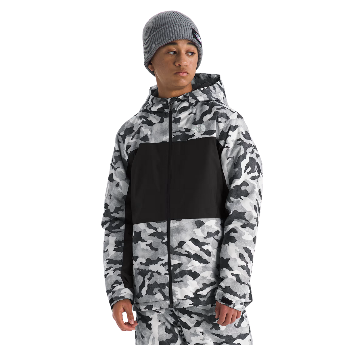 The North Face Boys Freedom Insulated Jacket in Print Smoked design with waterproof DryVent 2L shell, Heatseeker insulation, helmet-compatible hood and powder skirt