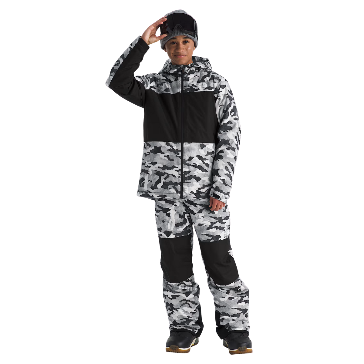 Front view of The North Face Boys Freedom Insulated Jacket in Print Smoked design with DryVent 2-layer shell, insulated construction and secure-zip hand pockets