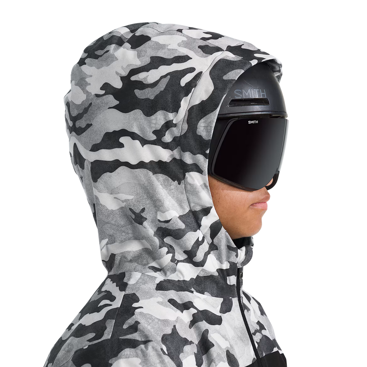 Side view of The North Face Boys Freedom Insulated Jacket attached helmet-compatible hood for skiing and snowboarding