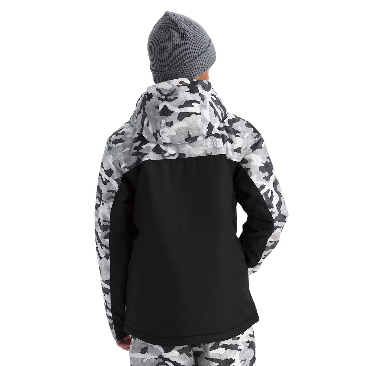 Rear view of The North Face Boys Freedom Insulated Jacket in Print Smoked design with helmet-compatible hood, relaxed fit and Heatseeker insulation