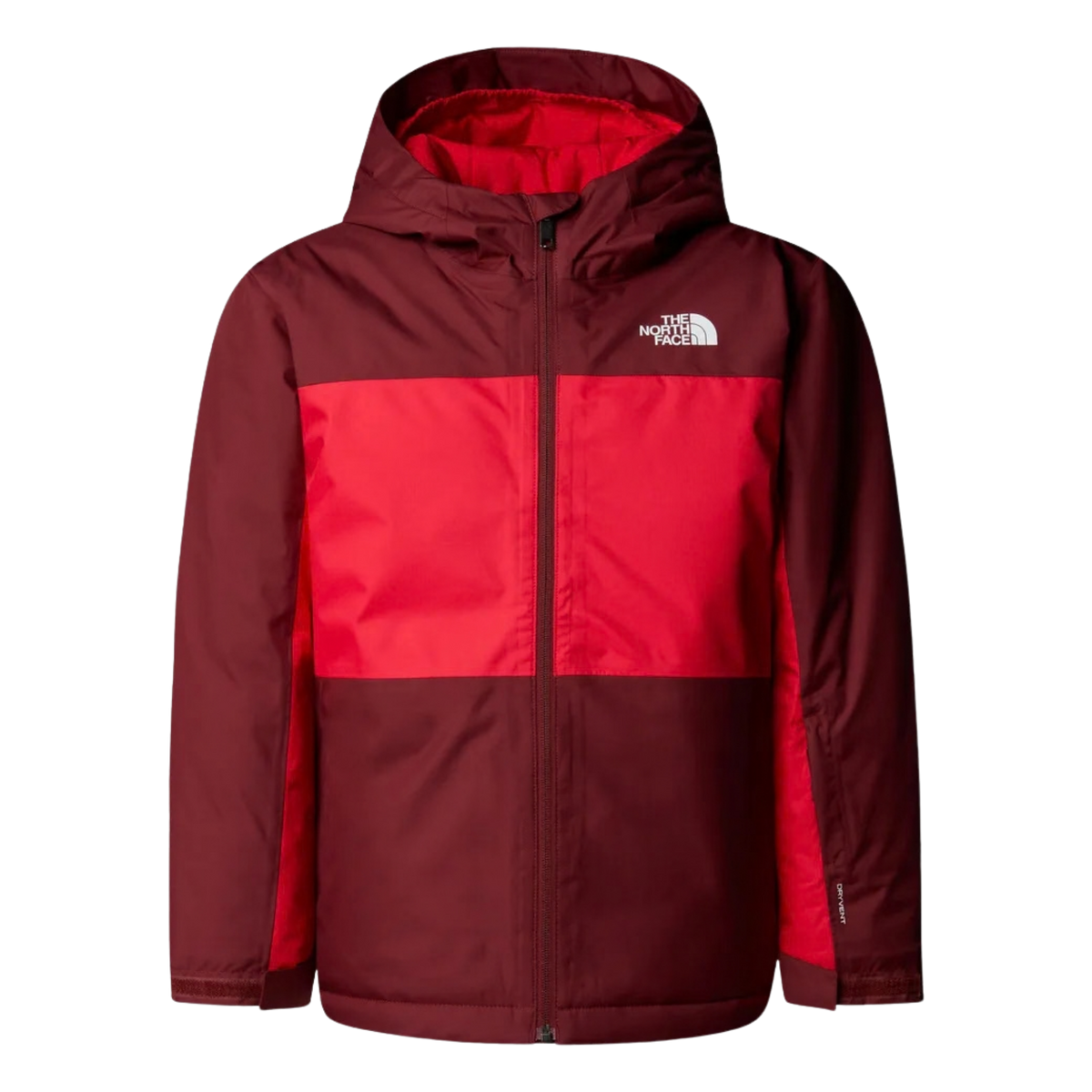 The North Face Boys Freedom Insulated Jacket in Sumac / TNF Red with waterproof DryVent 2L shell, Heatseeker insulation, helmet-compatible hood and powder skirt