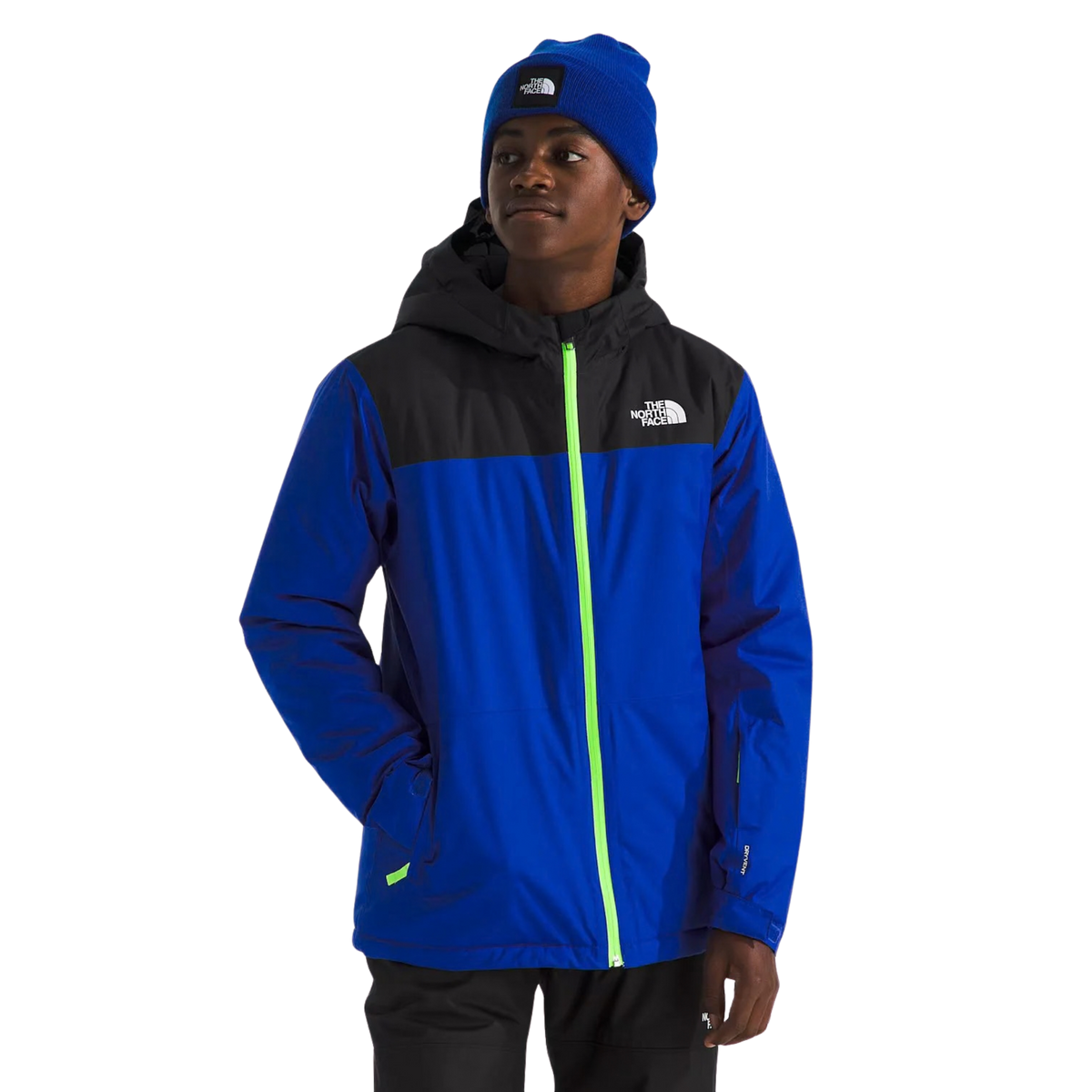 The North Face Boys Freedom Insulated Jacket in TNF Blue with waterproof DryVent 2L shell, Heatseeker insulation, helmet-compatible hood and powder skirt