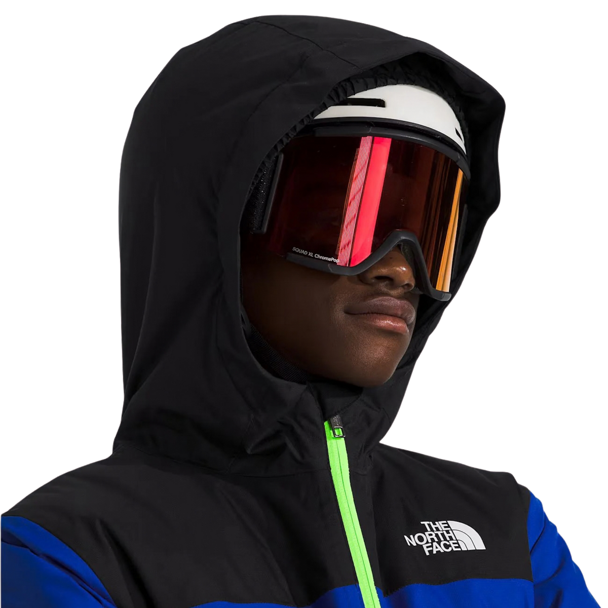 Front view of The North Face Boys Freedom Insulated Jacket three-piece helmet-compatible hood with elasticated rain-guard tunnel
