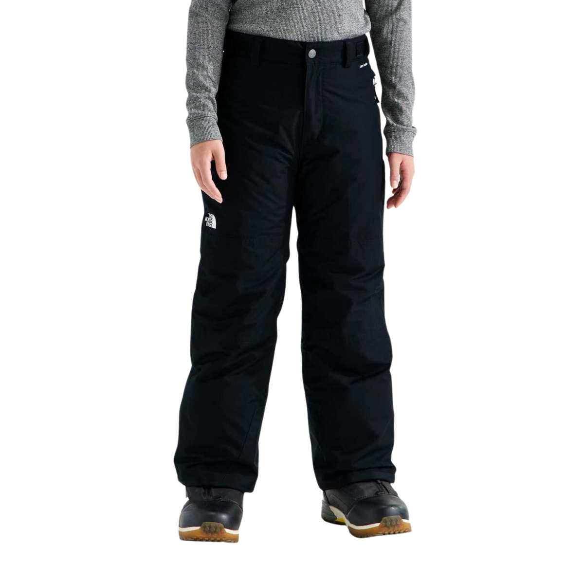 The North Face Boys Freedom Insulated Pant in Black with waterproof DRYVENT 2L shell, HEATSEEKER insulation, reinforced hems and Good to Grow length