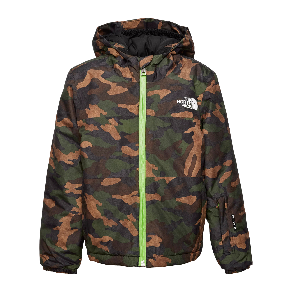 The North Face Kids Freedom Insulated Jacket in TNF Black / Camo Print design with waterproof DryVent 2L shell, Heatseeker Eco insulation, attached hood and powder skirt