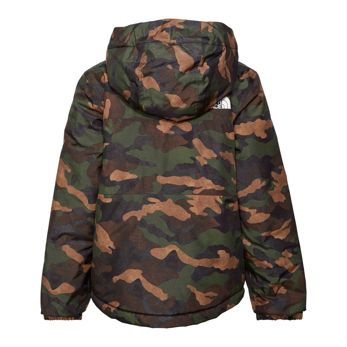 Rear view of The North Face Kids Freedom Insulated Jacket in TNF Black / Camo Print design with insulated construction, attached hood and protective drop-tail hem