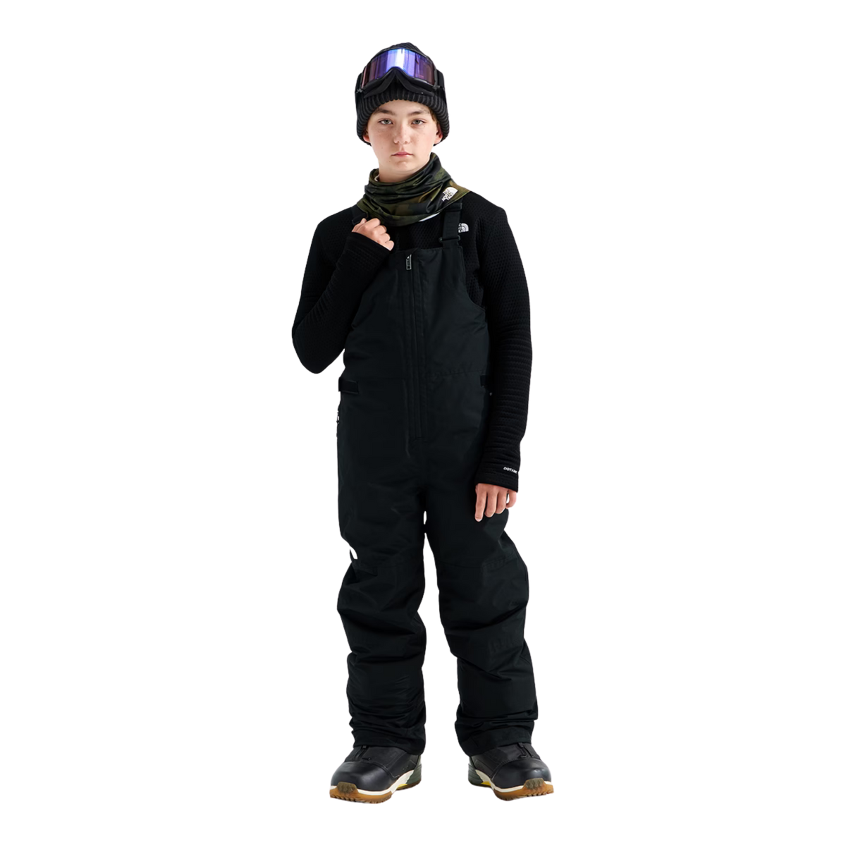 Front view of The North Face Teen Freedom Insulated Bib Pant in Black showing adjustable suspenders, bib construction and reverse-coil centre-front zipper