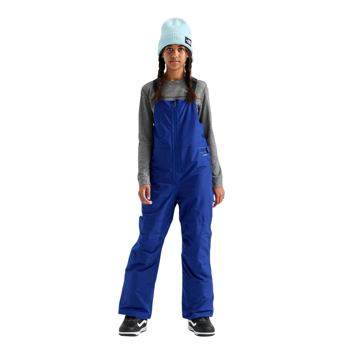 Front view of The North Face Teen Freedom Insulated Bib Pant showing adjustable suspenders, bib construction and reverse-coil centre-front zipper