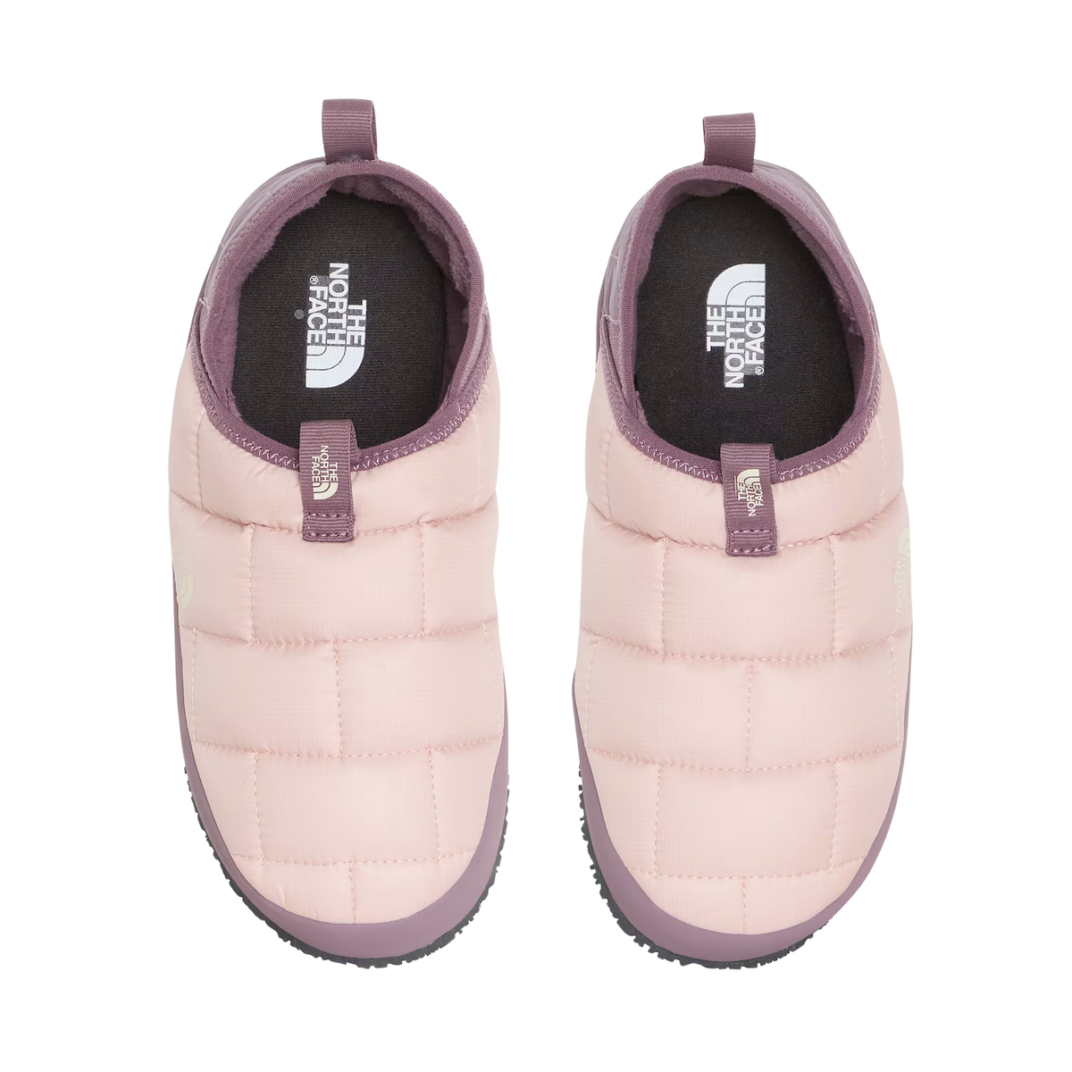 Top view of North Face Youth ThermoBall Traction Mule II in Pink Moss showing slip-on construction and soft fleece-lined interior