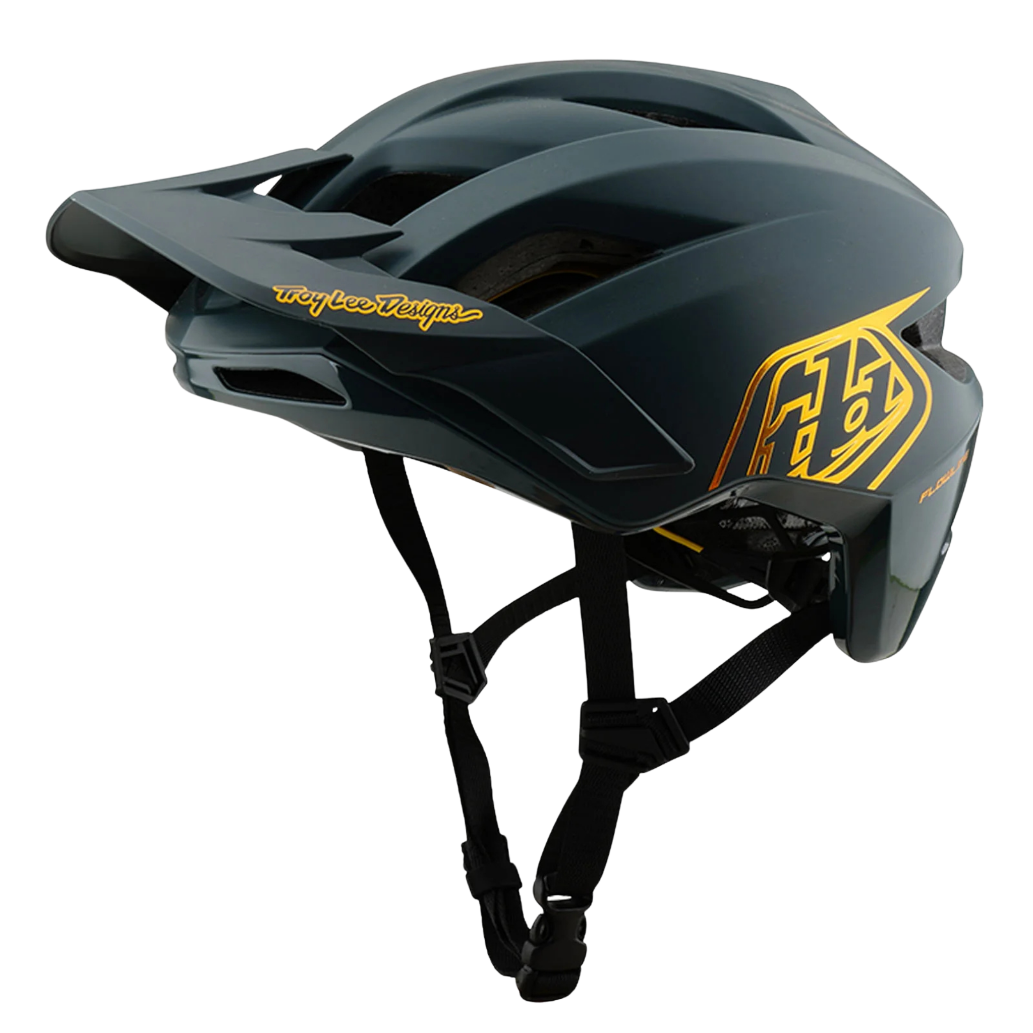 Side profile of Troy Lee Designs Youth Flowline Helmet Orbit with extended trail coverage in Point Gray/Gold