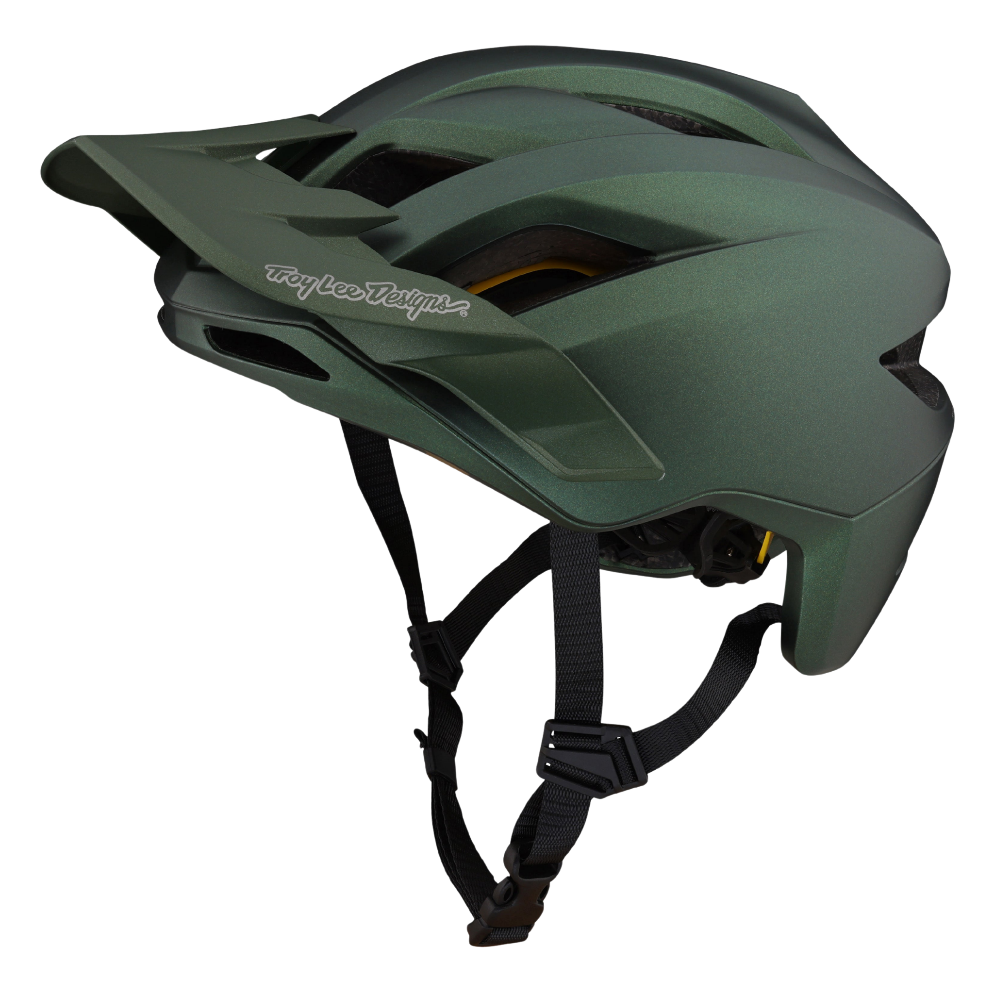 Front view of Troy Lee Designs Youth Flowline Helmet Orbit with adjustable visor in Forest Green