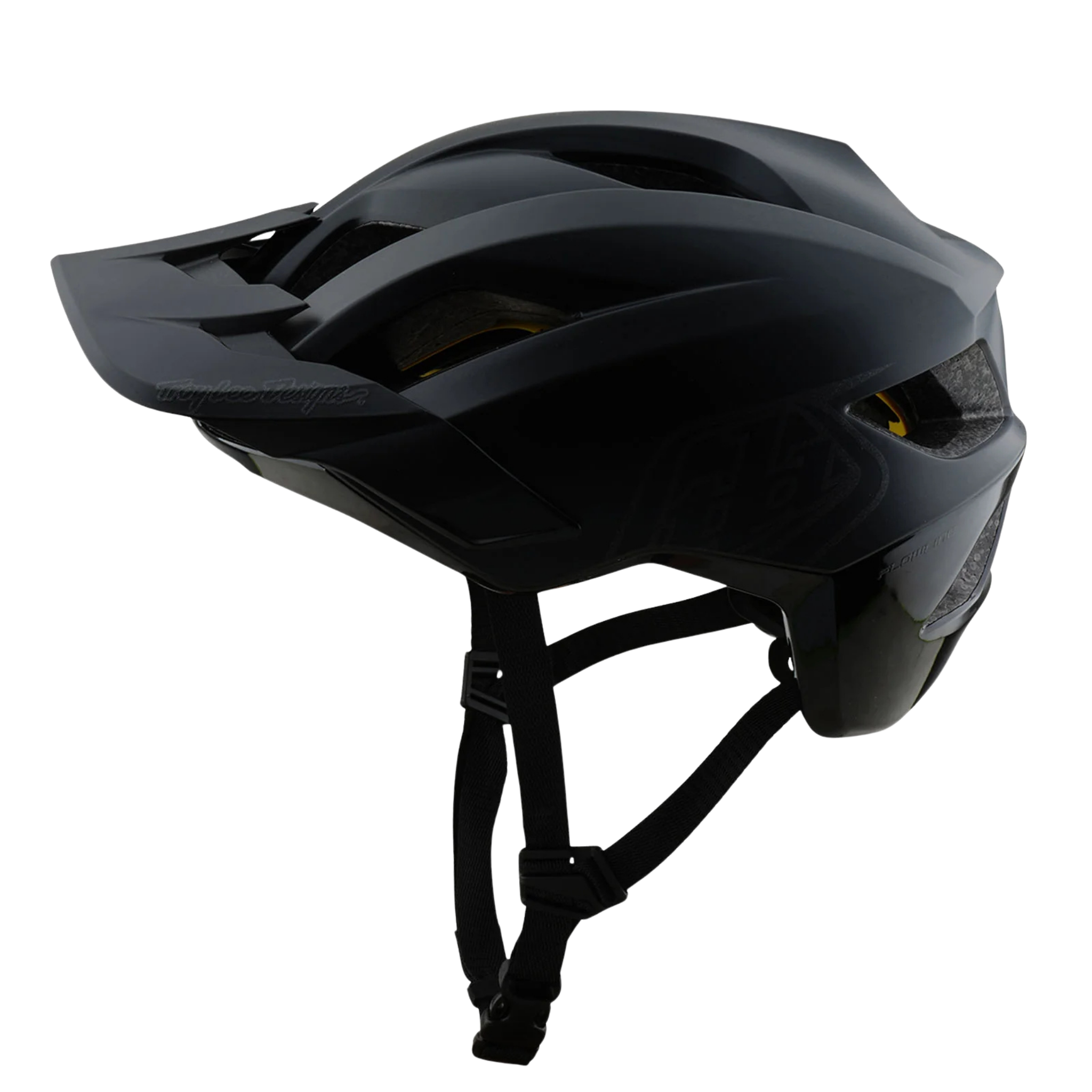 Side profile of Troy Lee Designs Youth Flowline Helmet Orbit with extended trail coverage in Black/Charcoal