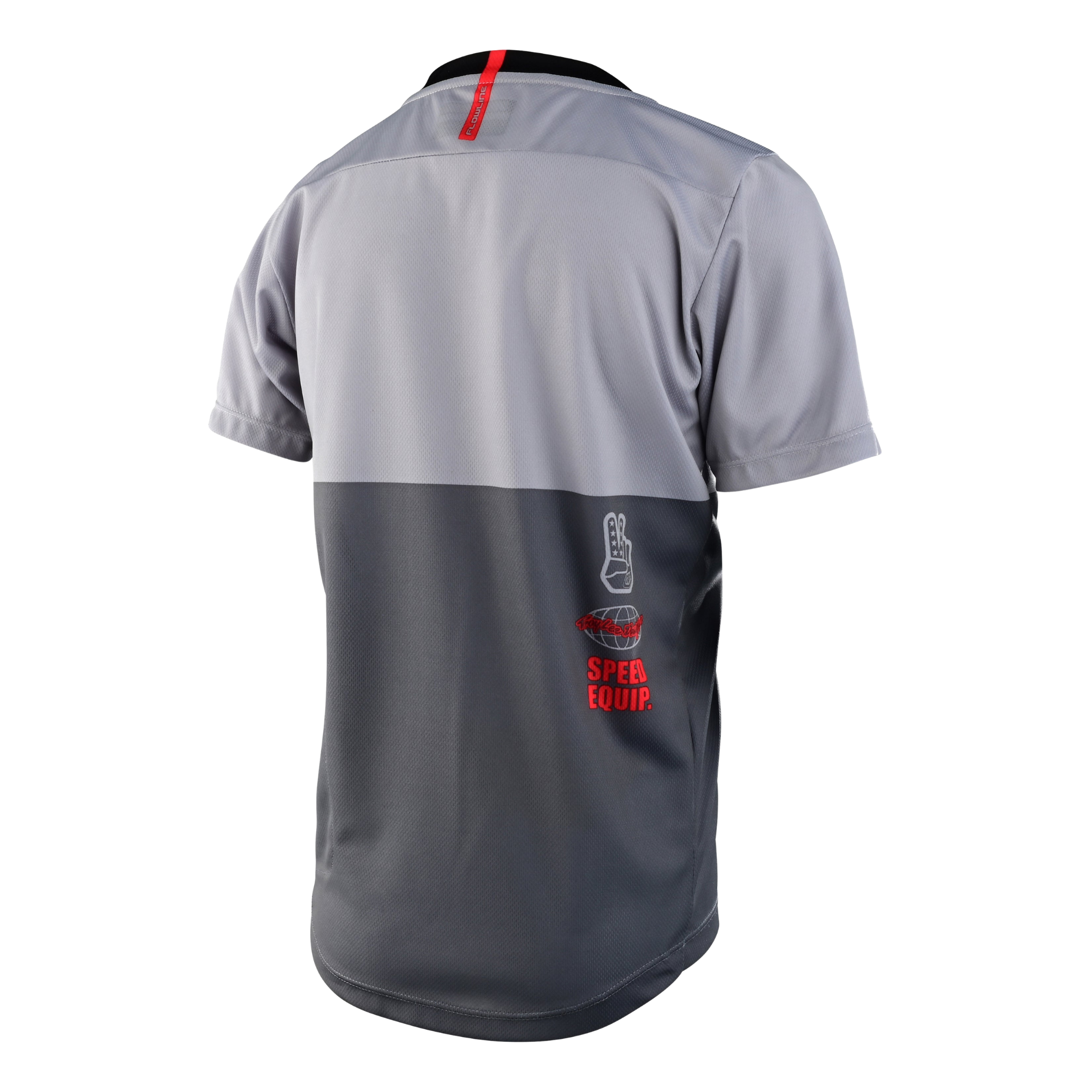 Rear view of Troy Lee Designs Youth Flowline Short Sleeve Jersey with silicone grip tail in Scripter Charcoal