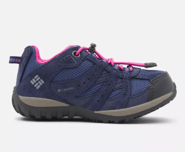Columbia Children's Redmond Waterproof Hiking Shoes - Mountain Kids Outfitters - Bluebell/Pink Ice Color - White Background side view