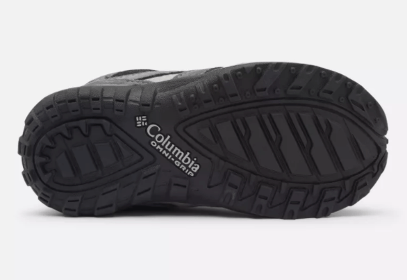 Columbia Children's Redmond Waterproof Hiking Shoes - Mountain Kids Outfitters - Black/Flame Color - White Background sole area