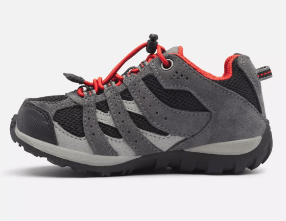 Columbia Children's Redmond Waterproof Hiking Shoes - Mountain Kids Outfitters - Black/Flame Color - White Background side view