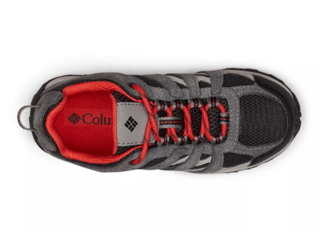 2022 Columbia Youth Redmond Waterproof Hiking Shoes - Mountain Kids Outfitters - Black/Flame Color - White Background top view