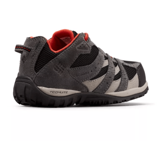 2022 Columbia Youth Redmond Waterproof Hiking Shoes - Mountain Kids Outfitters - Black/Flame Color - White Background back view