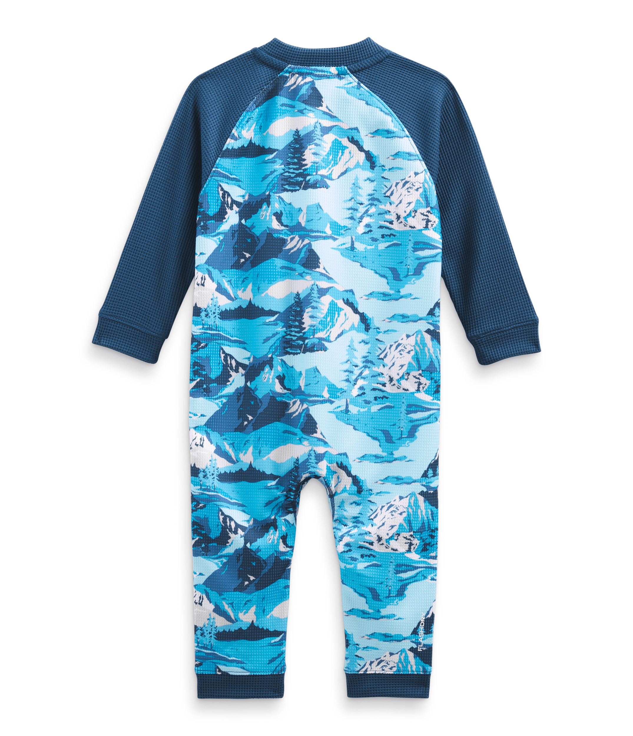 Baby Waffle Base Layer One Piece - Mountain Kids Outfitters: Acoustic Blue Snow Peak Mountains Print, Back View