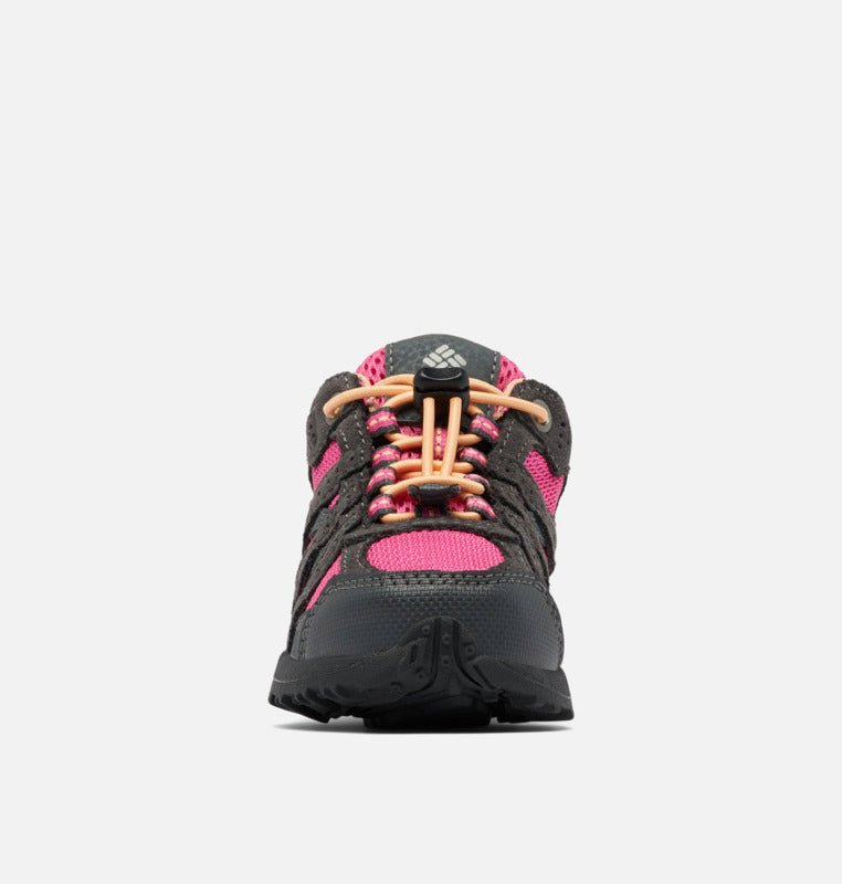 Columbia Children's Redmond Waterproof Hiking Shoes - Mountain Kids Outfitters - Dark Grey/Pink Ice Color - White Background front view