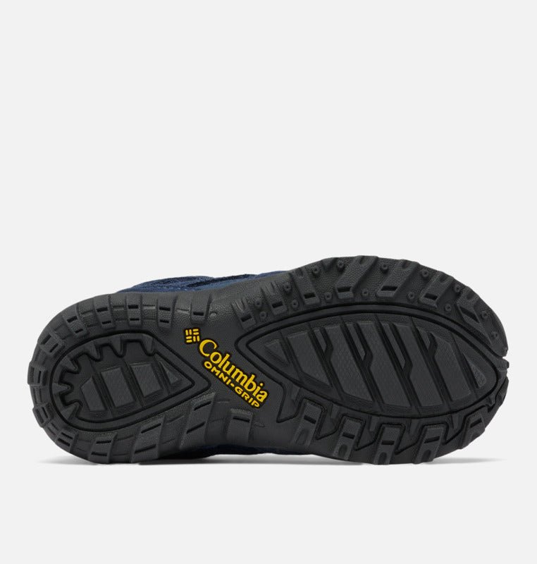 Columbia Children's Redmond Waterproof Hiking Shoes - Mountain Kids Outfitters - Grey Steel/Gold Amber Color - White Background sole area