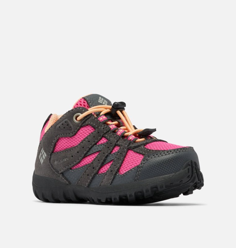 Columbia Children's Redmond Waterproof Hiking Shoes - Mountain Kids Outfitters - Dark Grey/Pink Ice Color - White Background