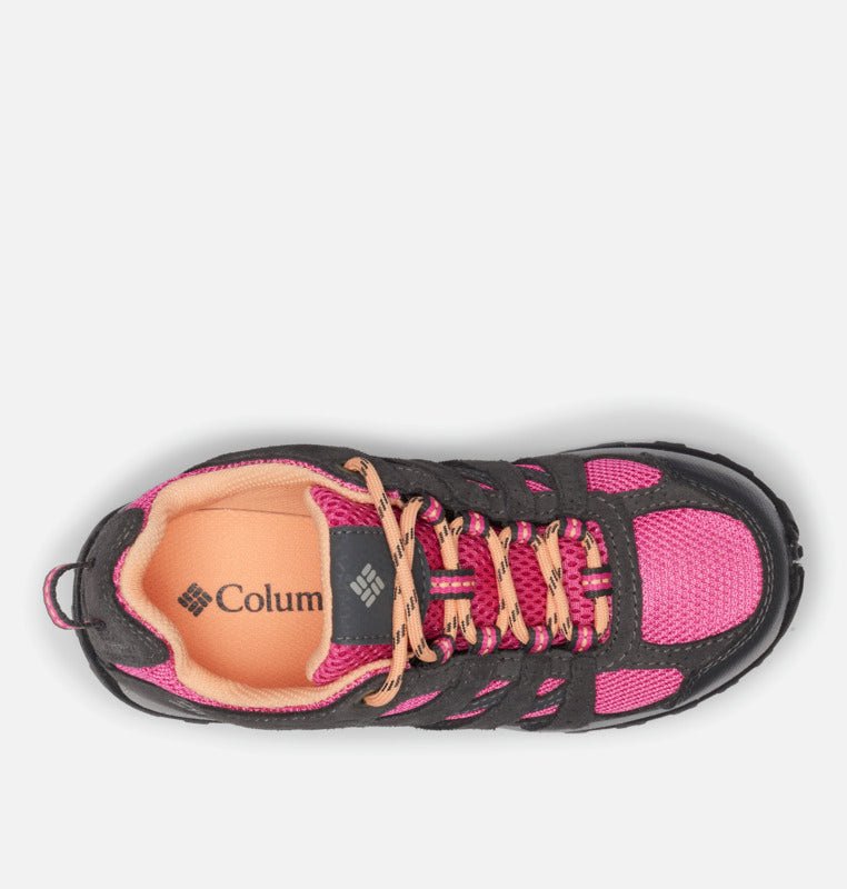 2022 Columbia Youth Redmond Waterproof Hiking Shoes - Mountain Kids Outfitters - Dark Grey/Pink Ice Color - White Background top view