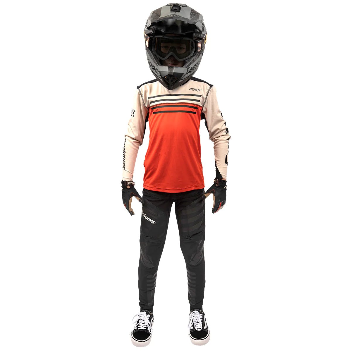 FastHouse Youth Sidewinder Alloy Long Sleeve Jersey - Mountain Kids Outfitters: Cream Red, Lifestyle View