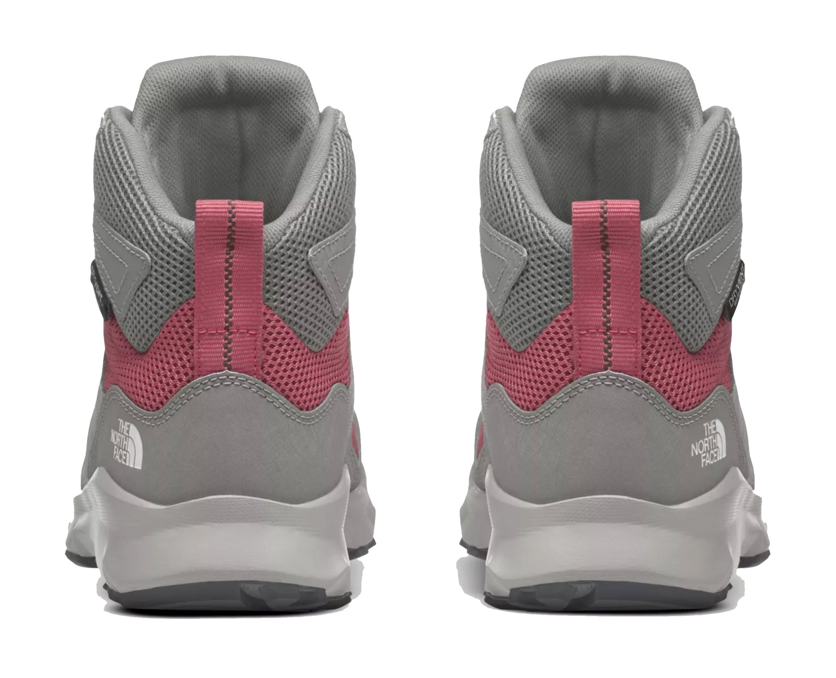 North Face Jr Hedgehog II Mid Waterproof Hiking Shoes - Mountain Kids Outfitters: Meld Grey / Slate Rose Color - White Background back view