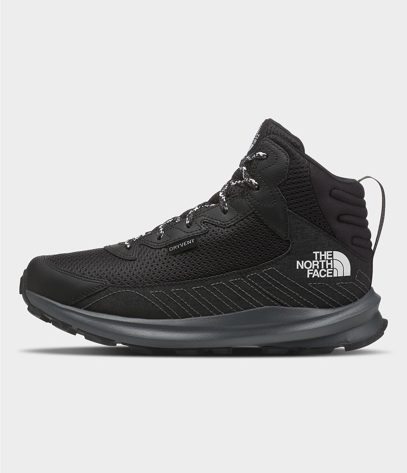 North Face Youth Fastpack Hiker Mid Waterproof Shoes - Mountain Kids Outfitters: TNF Black Color - White Background side view