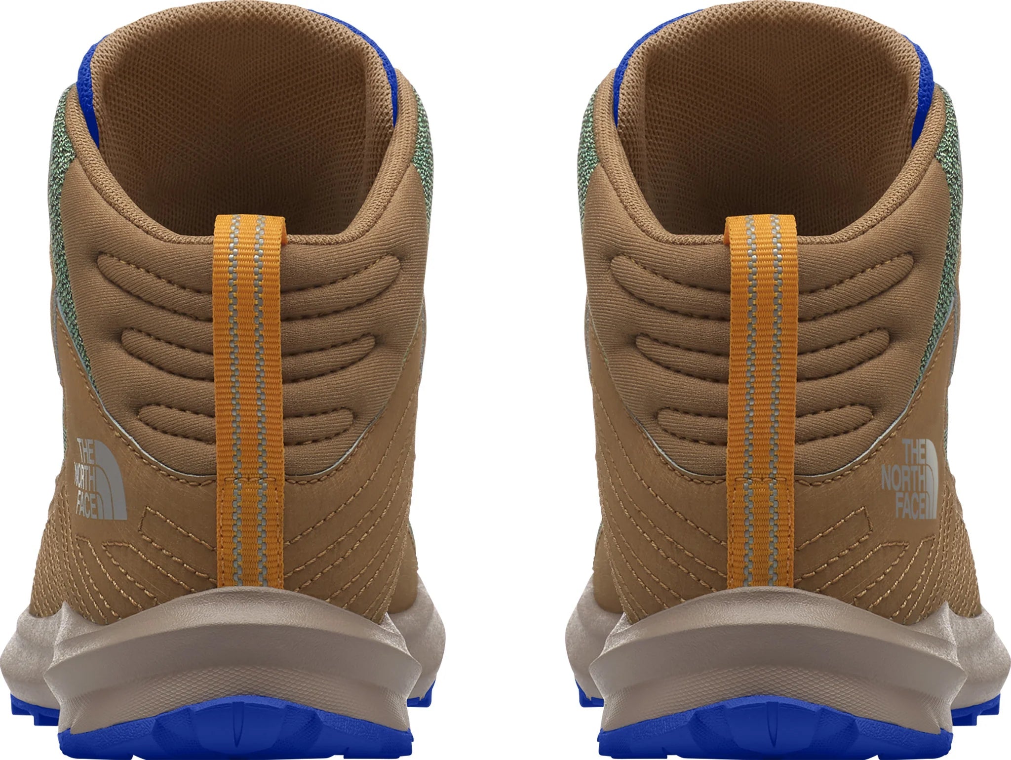 North Face Youth Fastpack Hiker Mid Waterproof Shoes - Mountain Kids Outfitters: Brown/Grass Green Color - White Background back view