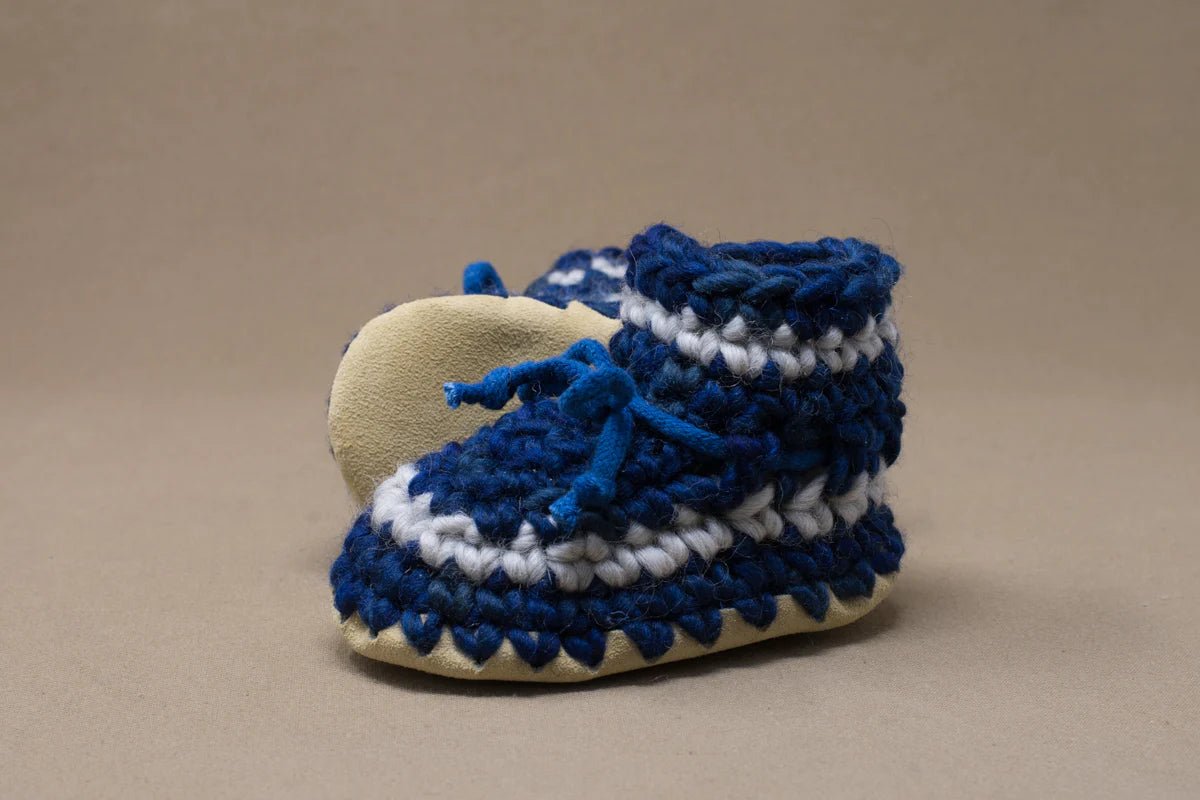 Padraig Knit Slippers (Baby Sizing) - Mountain Kids Outfitters: Denim Stripe Color -  side view