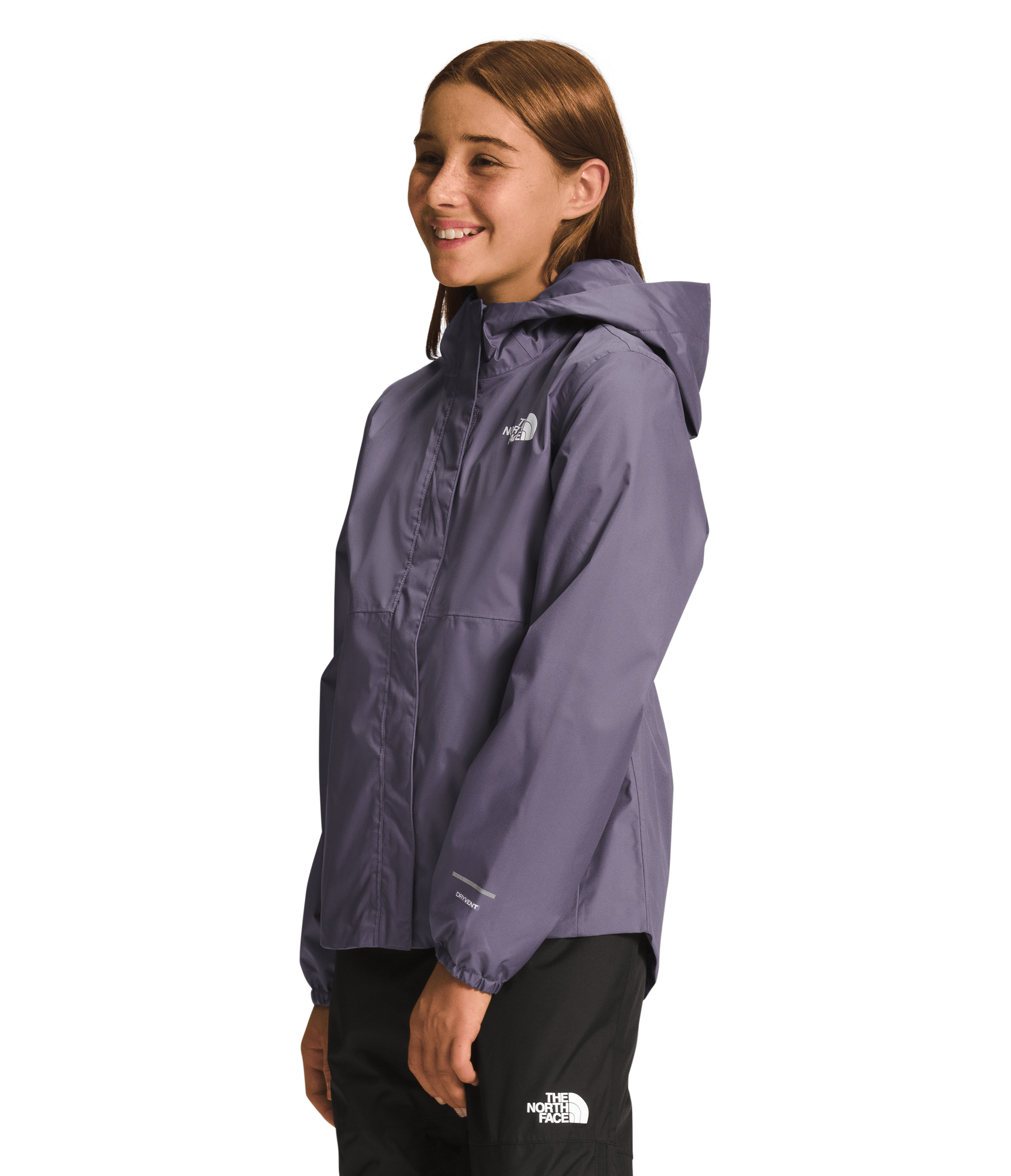 Side view of a Smiling girl wearing Lunar Slate The North Face Girls' Warm Storm Jacket - Mountain Kids Outfitters: Stylish and Weather-Ready Outerwear