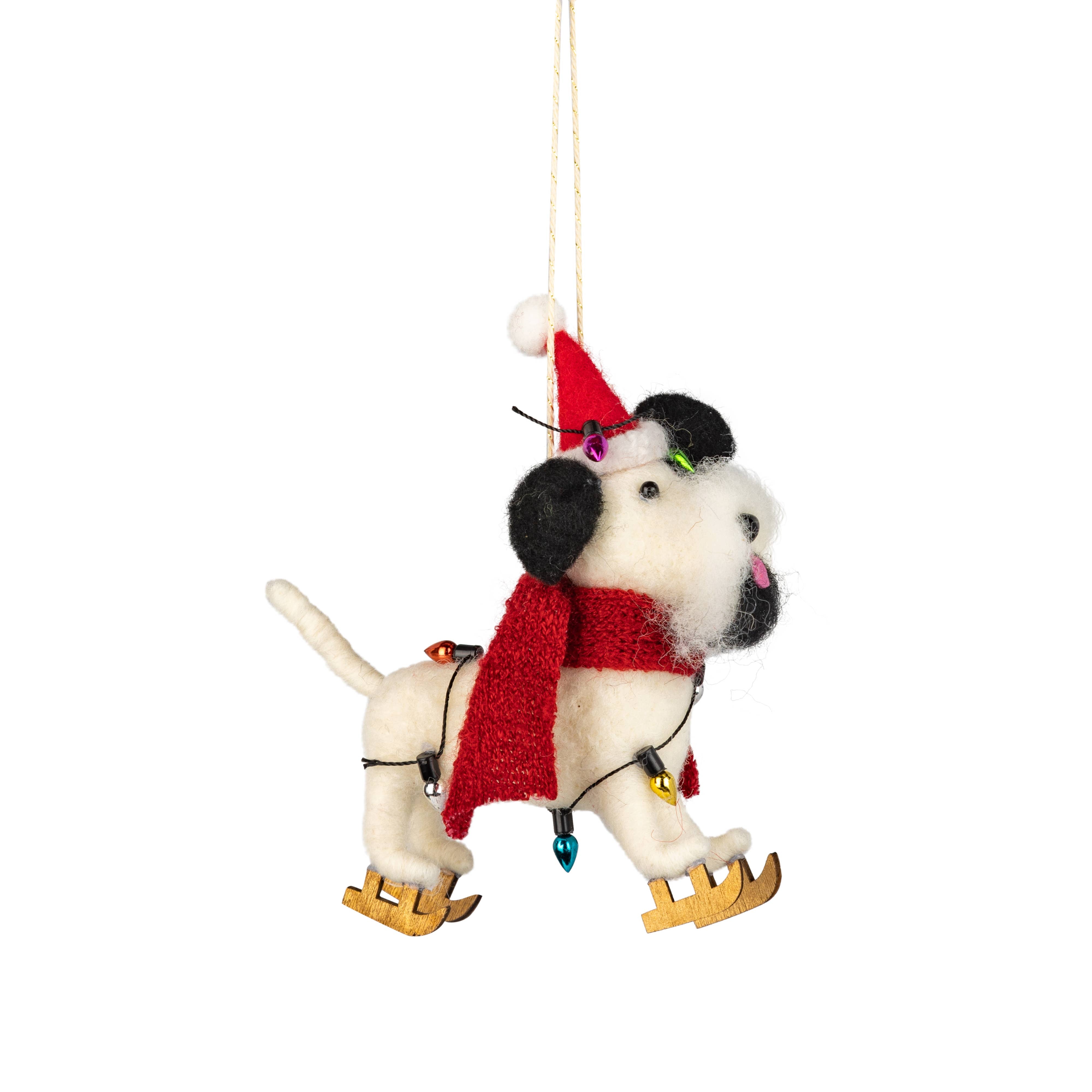 Ice skating dog with goatee Christmas ornament (5”)