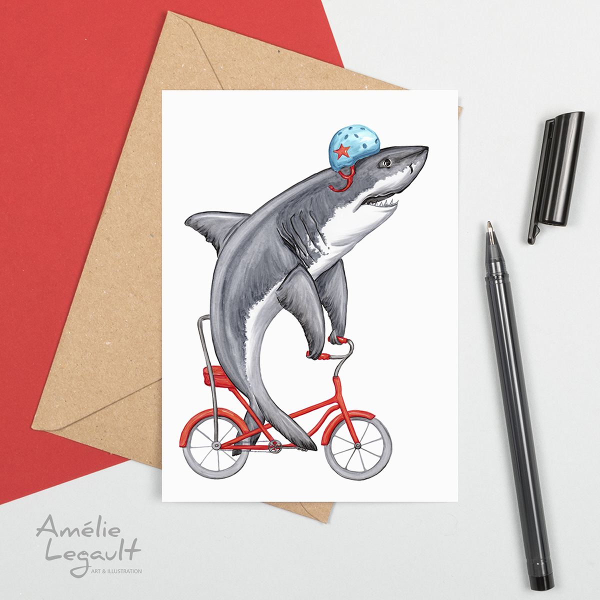 Shark riding a bike Greeting Card