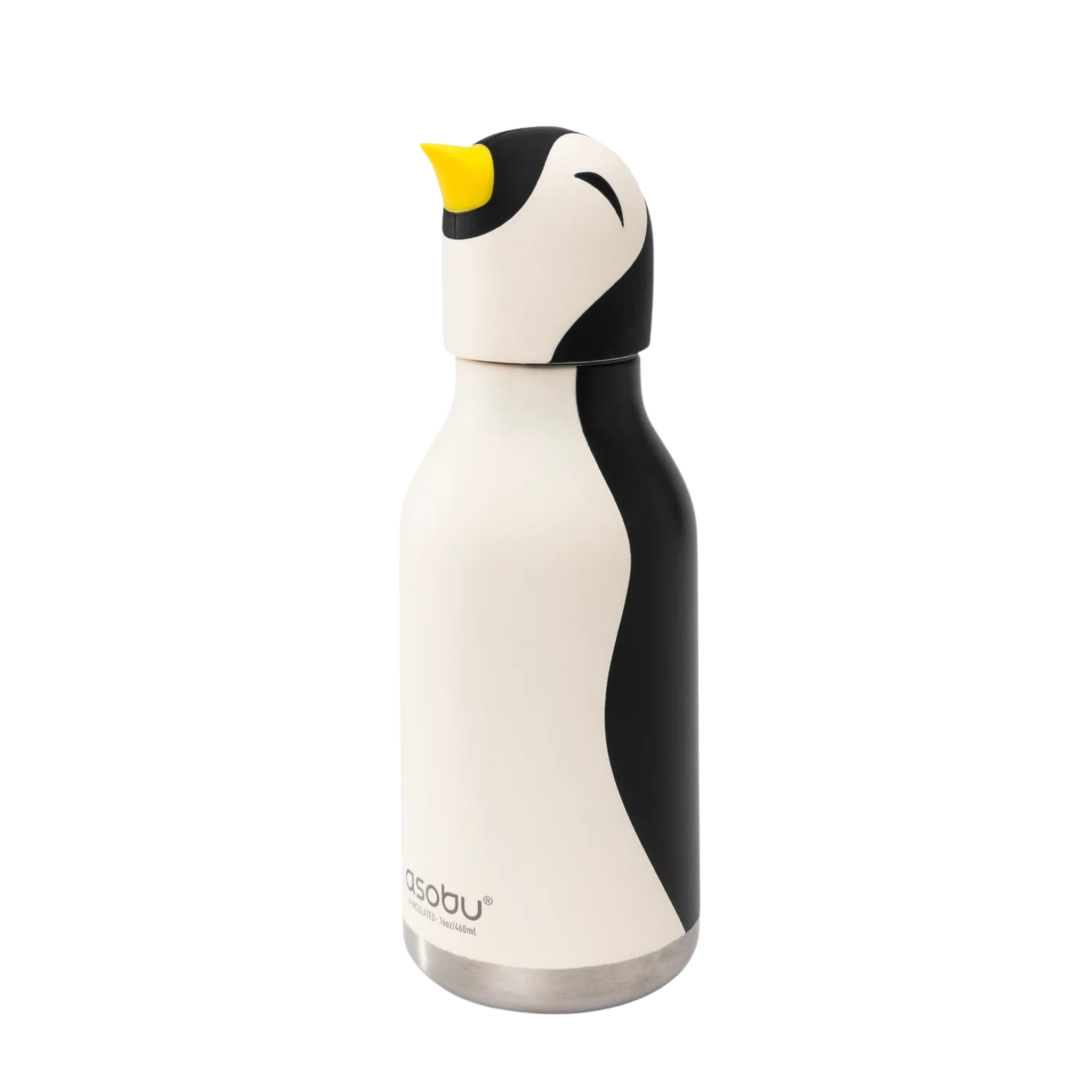 Asobu Animal Bestie Bottle 16 oz insulated kids water bottle in Penguin design with removable collectible silicone character head and 24-hour cold retention
