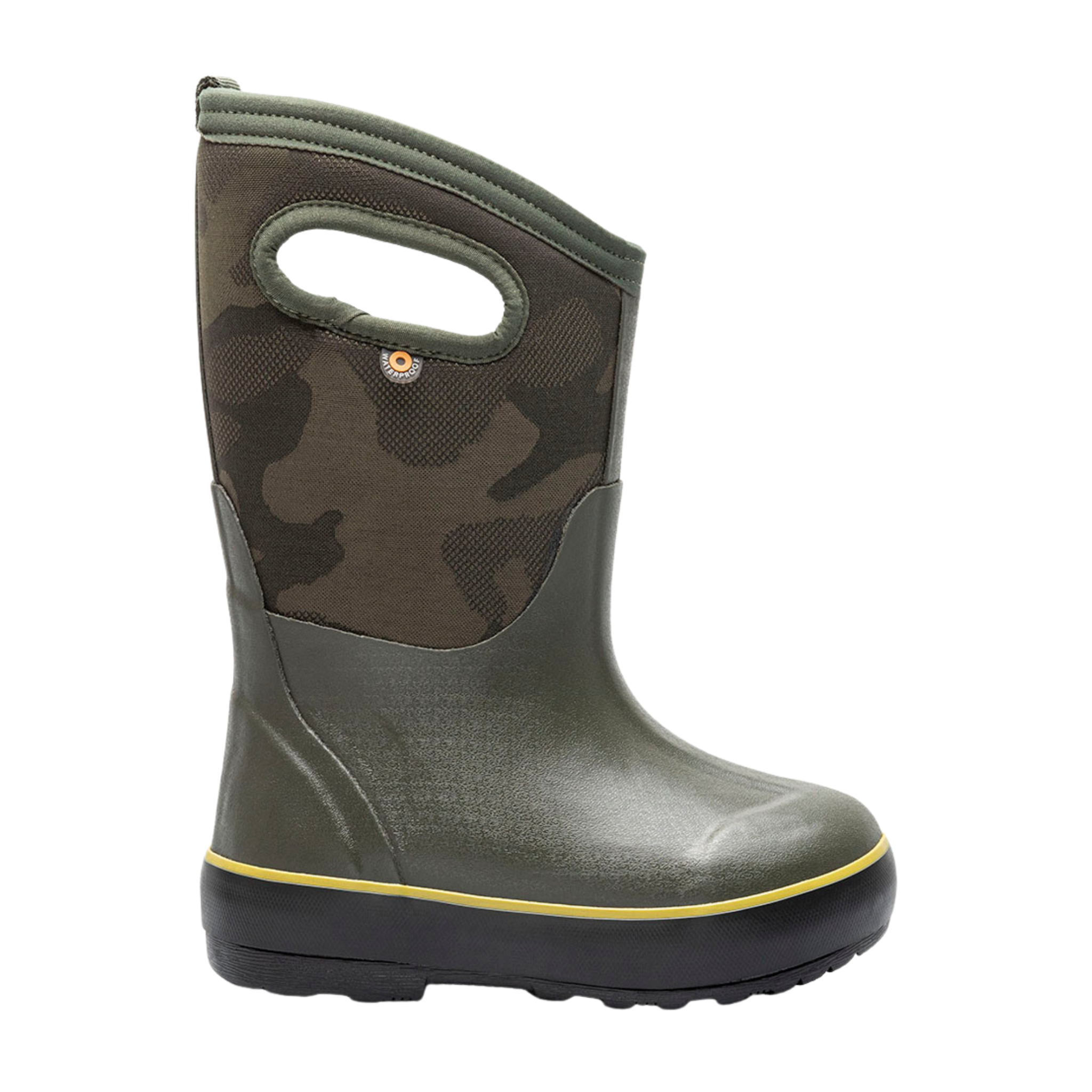 BOGS Classic II waterproof winter boots in Dark Green Camo, suited for kids in snowy Whistler