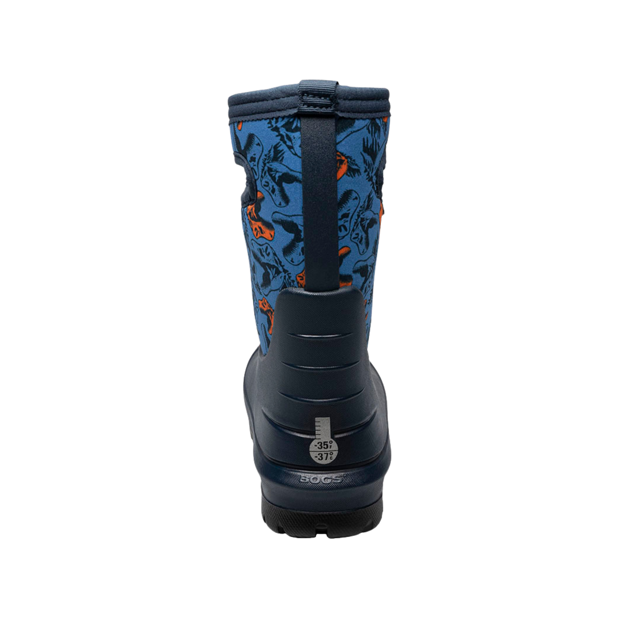 Rear view of BOGS Neo-Classic winter boots in Cool Dinos design, showing reflective temperature rating marker