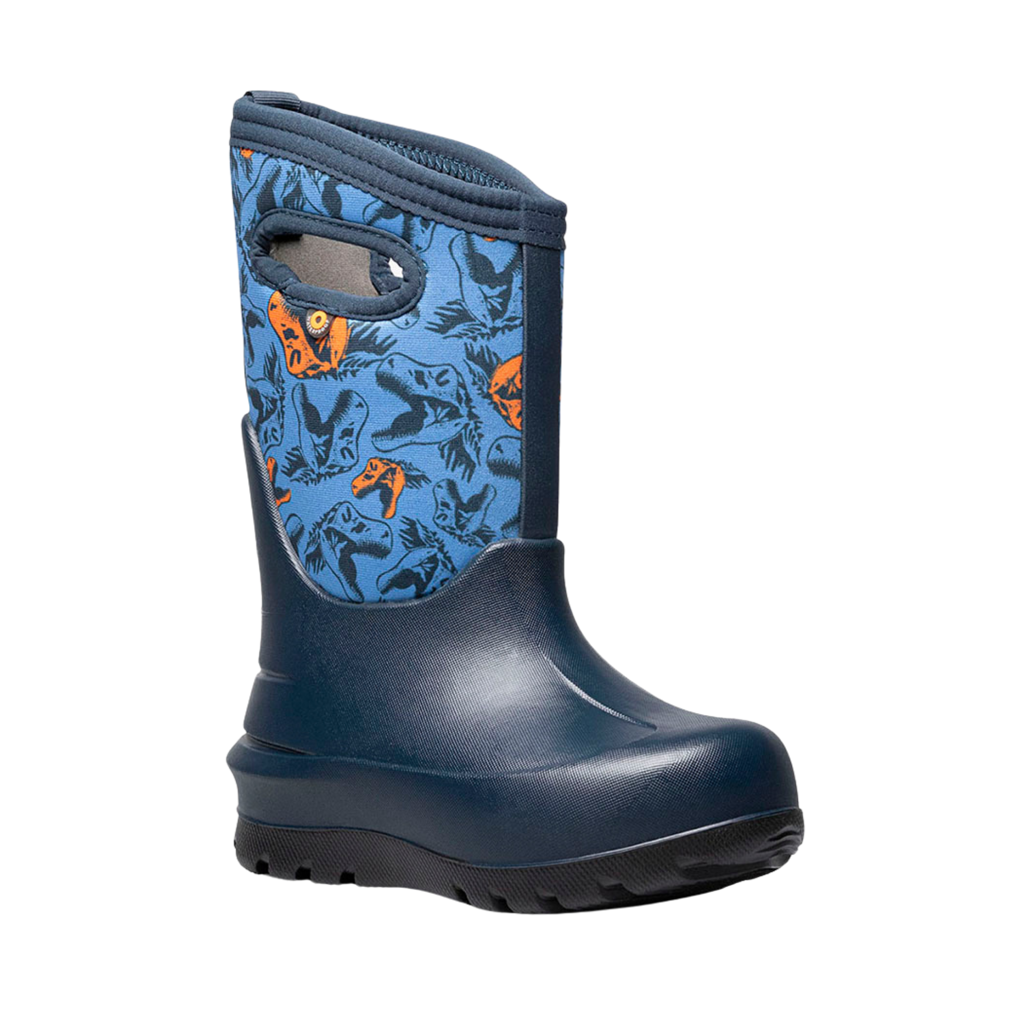Side profile of BOGS Neo-Classic insulated winter boots in Cool Dinos design with seamless construction