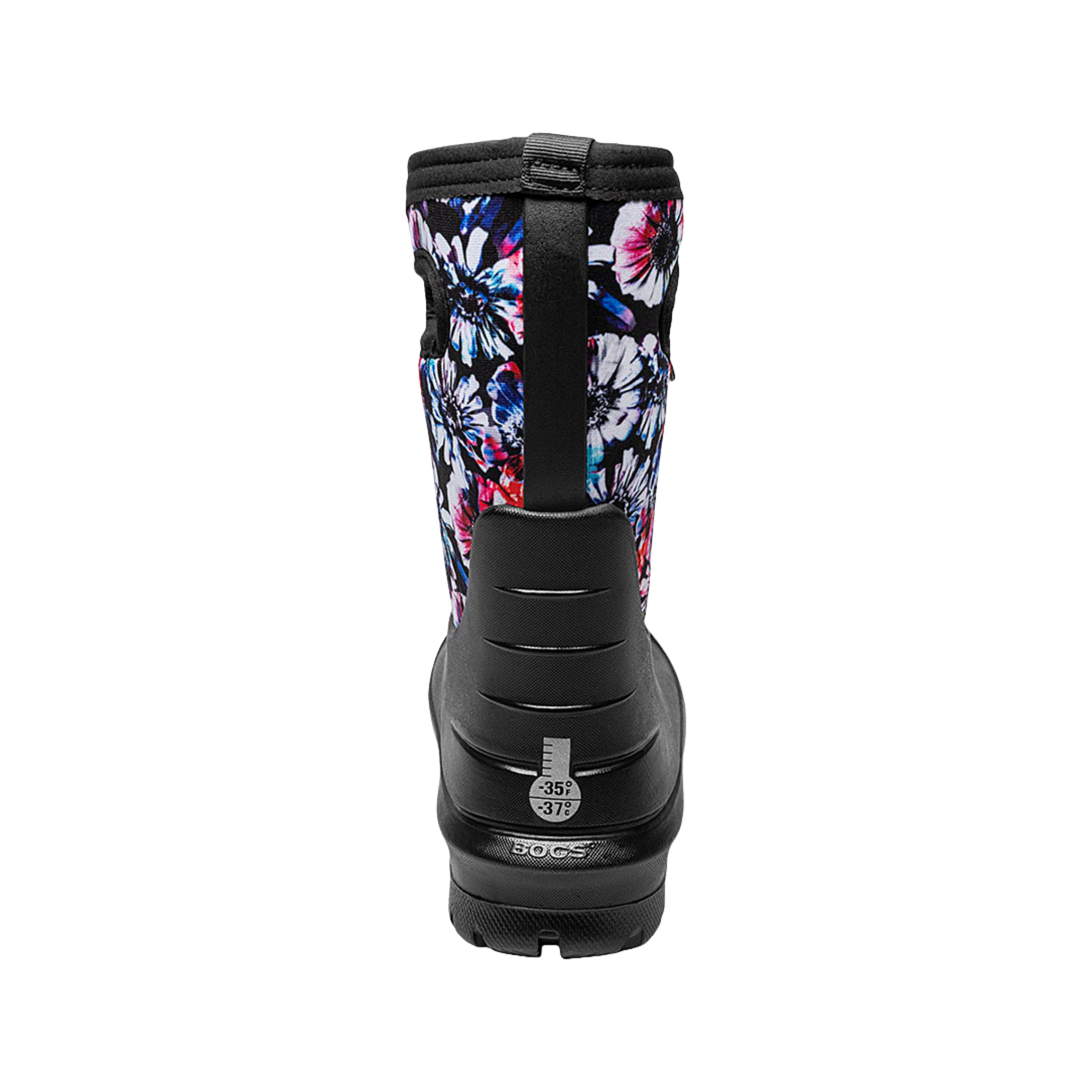 Rear view of BOGS Neo-Classic winter boots in Real Flower design, showing reflective temperature rating marker