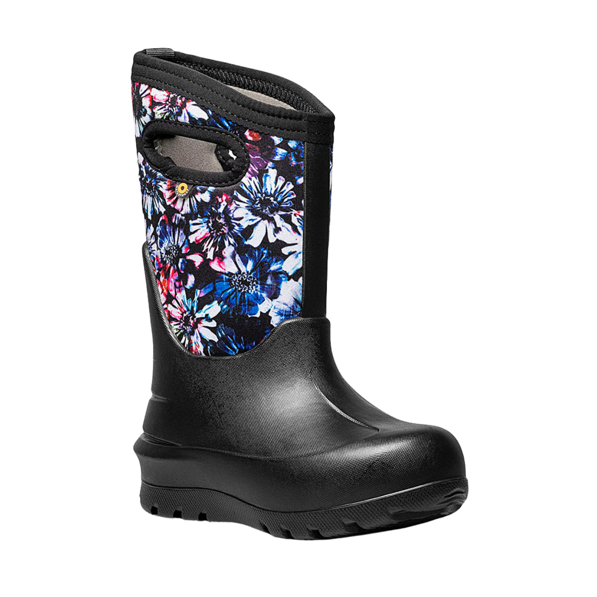 Side profile of BOGS Neo-Classic insulated winter boots in Real Flower design with seamless construction