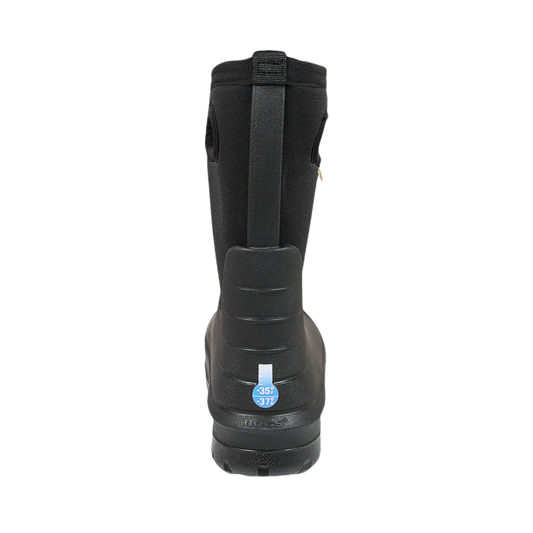 Rear view of BOGS Neo-Classic winter boots in Solid Black, showing reflective temperature rating marker