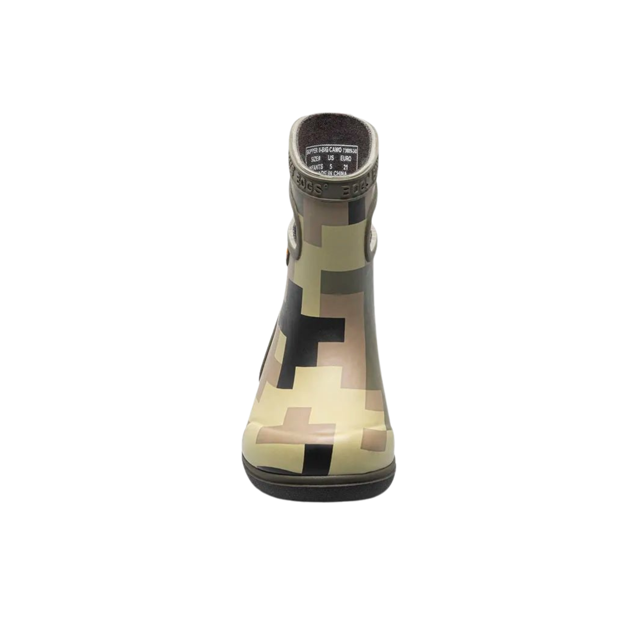 Front view of BOGS Skipper II waterproof toddler boots in Big Camo