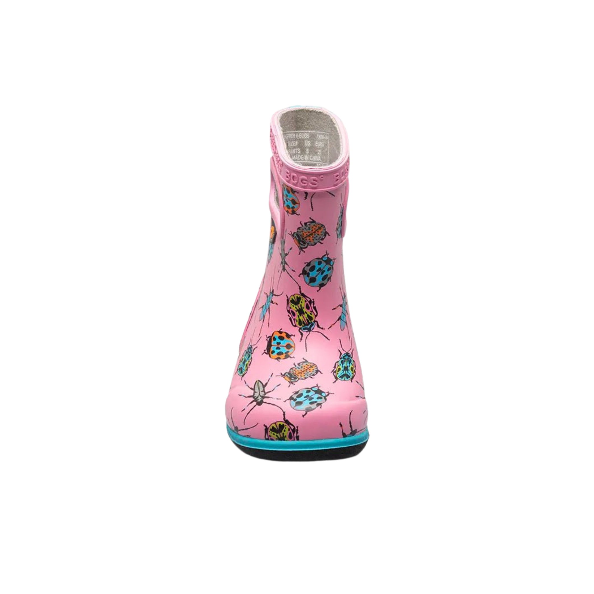 Front view of BOGS Skipper II waterproof toddler boots in Bugs Blush Pink design
