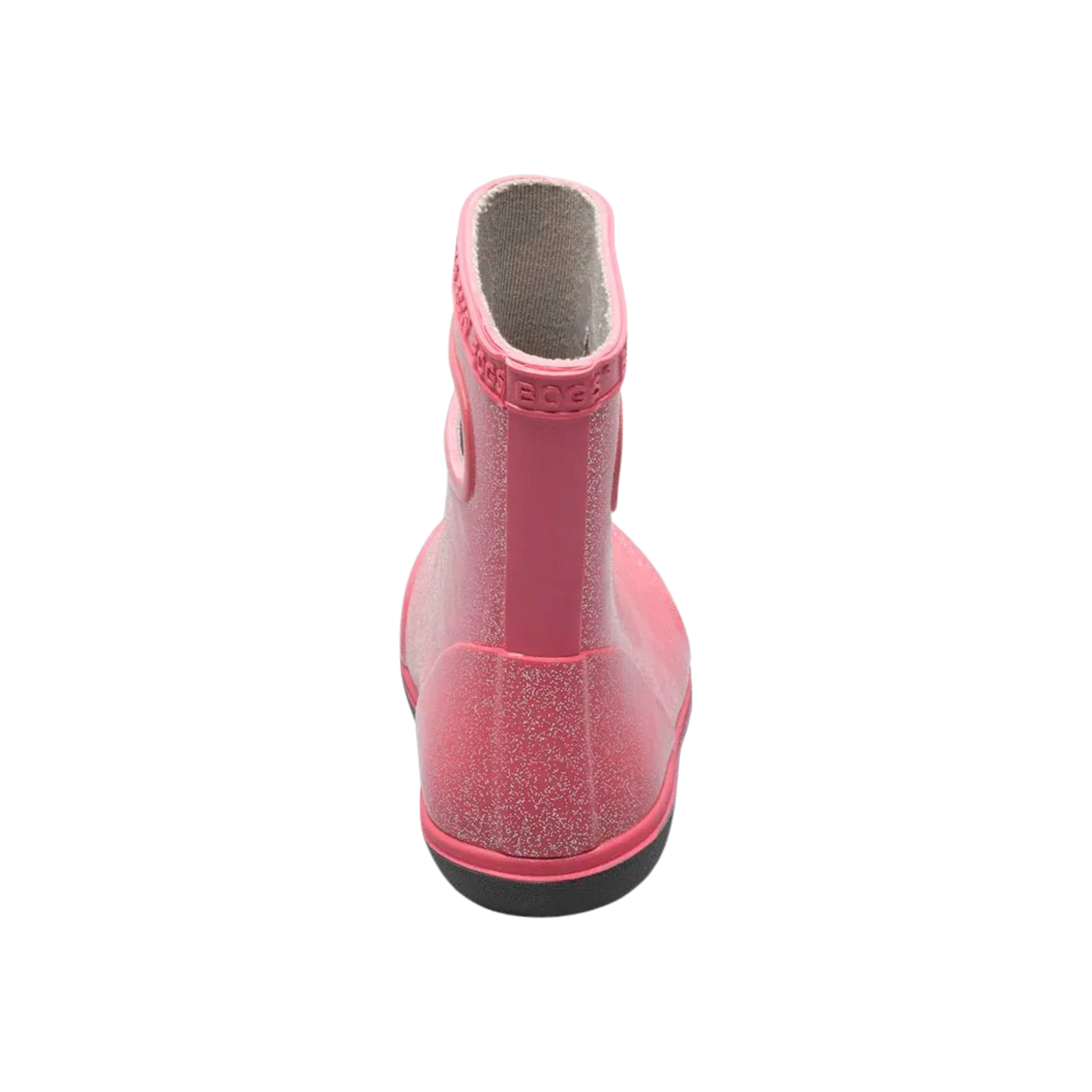 Rear view of BOGS Skipper II toddler boots in Glitter Pink, showing easy pull-on handles