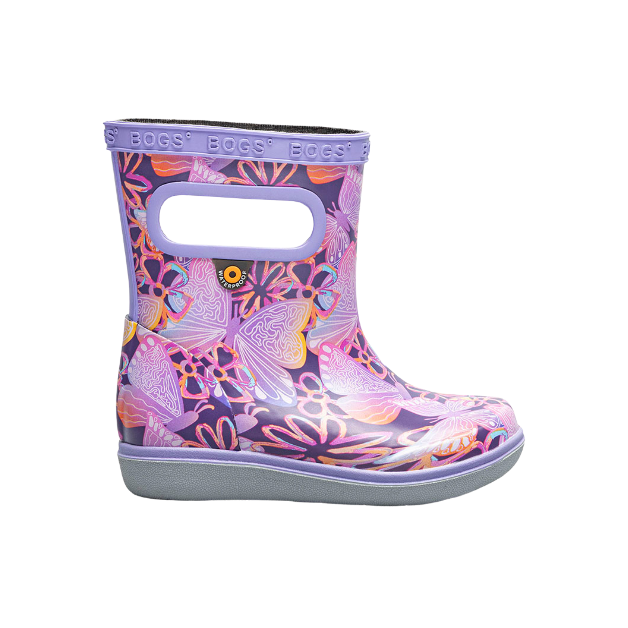 BOGS Skipper II waterproof toddler boots in Solar Butterfly design, suited for rainy adventures in Whistler