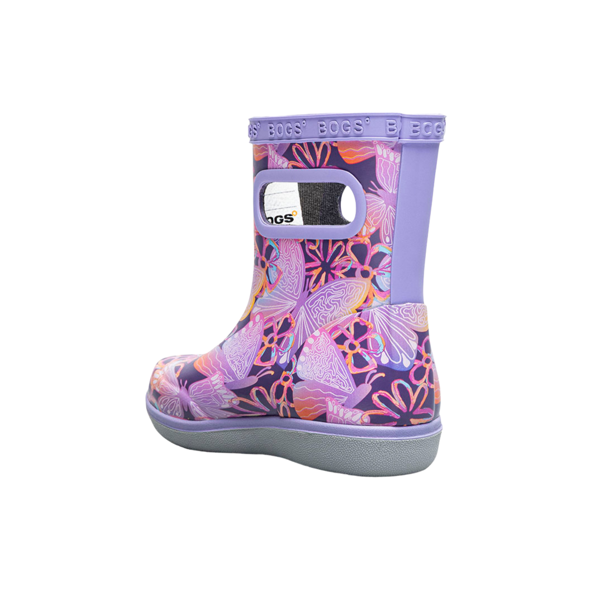 Rear view of BOGS Skipper II toddler boots in Solar Butterfly design showing easy pull-on handles