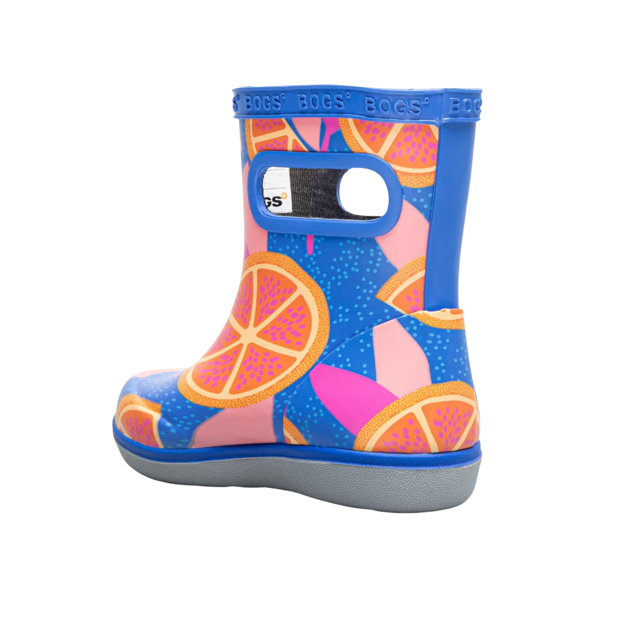 Rear view of BOGS Skipper II toddler boots in Summer Fruit design, showing easy pull-on handles