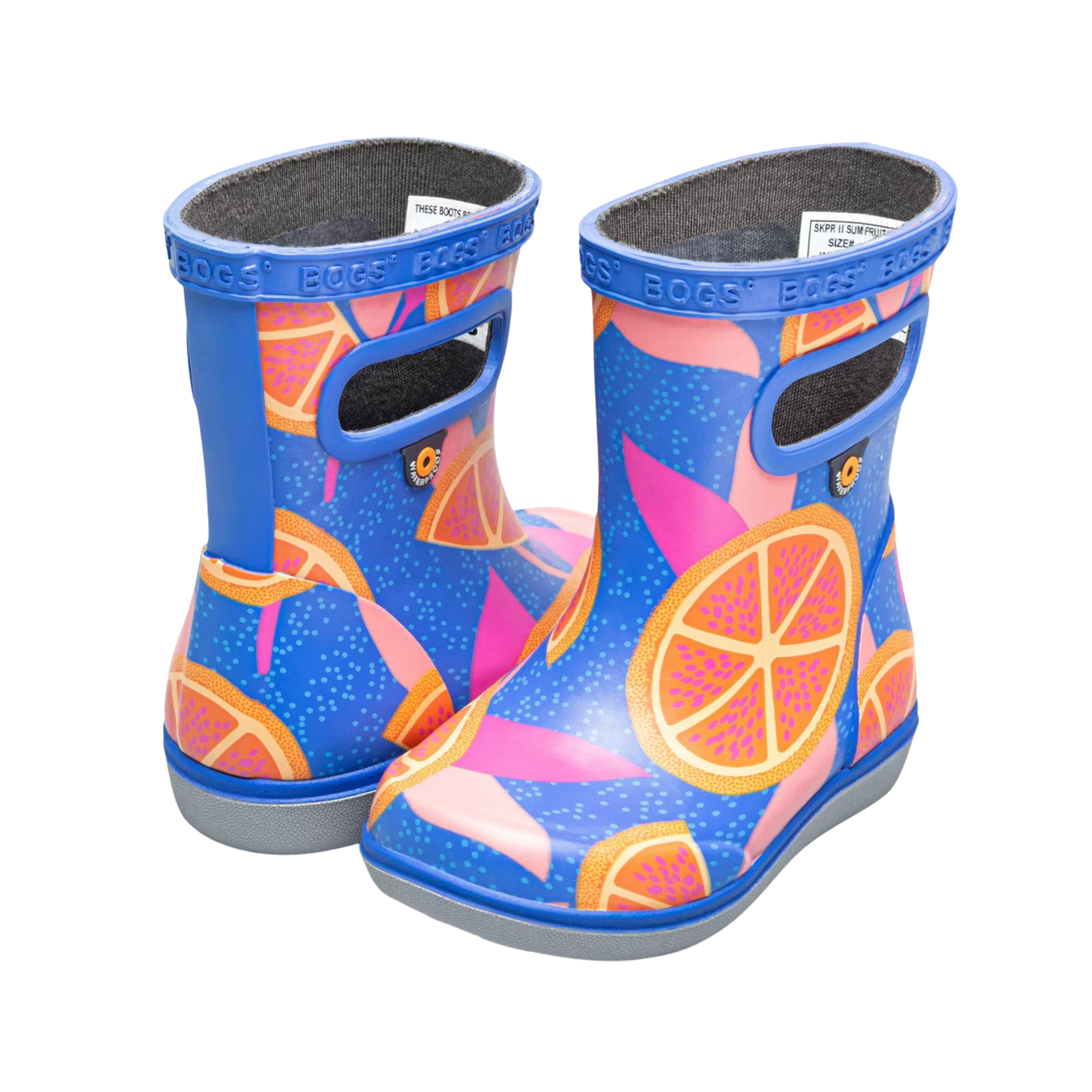 Side profile of BOGS Skipper II waterproof toddler boots in Summer Fruit design with flexible rubber construction 