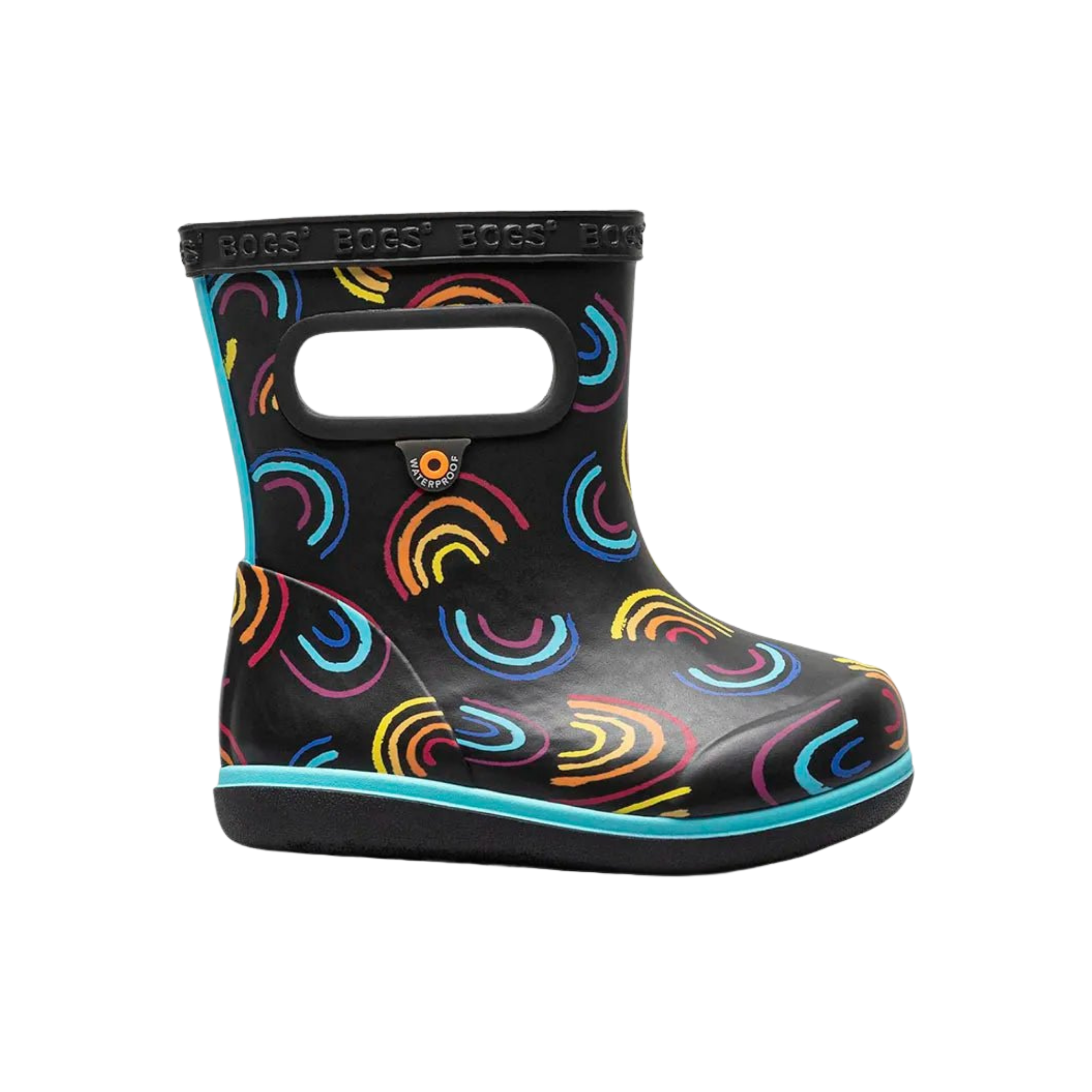 BOGS Skipper II waterproof toddler boots in Wild Rainbows design, suited for rainy adventures in Whistler
